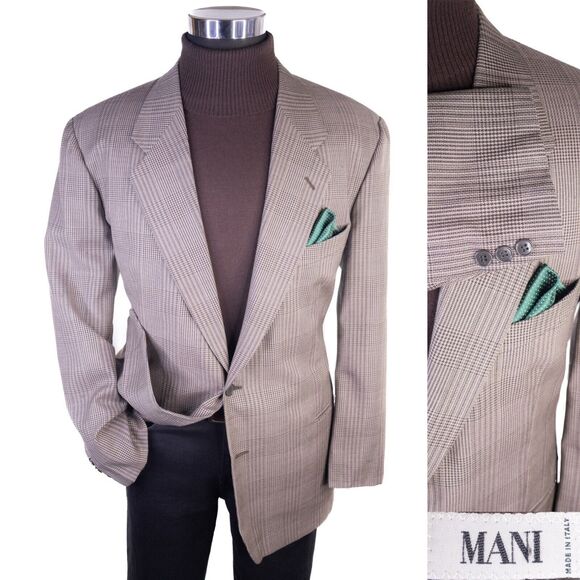 MANI Vintage Sport Coat Jacket Blazer Men Size 44R Brown Plaid Two Button WOOL